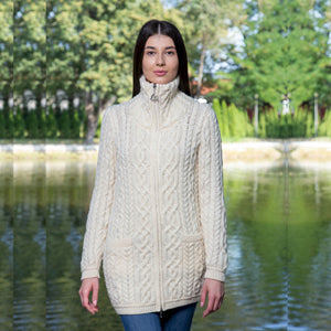 Women's Aran Knit Zip Cardigan, Natural - Creative Irish Gifts
