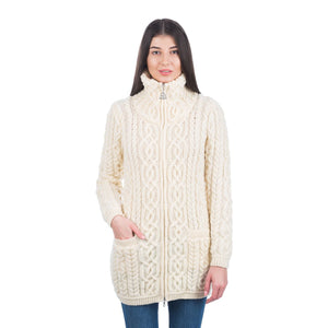 Women's Aran Knit Zip Cardigan, Natural - Creative Irish Gifts Front View