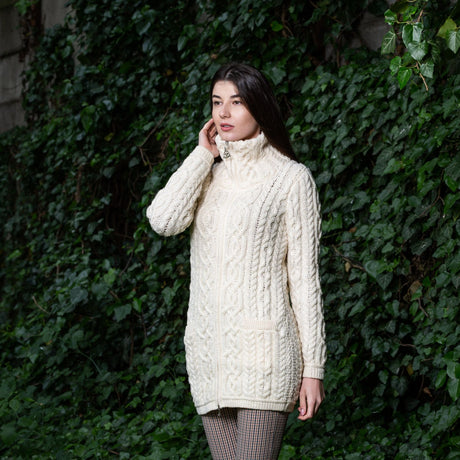 Women's Aran Knit Zip Cardigan, Natural - Creative Irish Gifts