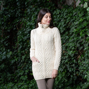 Women's Aran Knit Zip Cardigan, Natural - Creative Irish Gifts