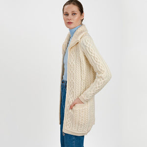 Women's Aran Knit Zip Cardigan, White Side View Studio Creative Irish Gifts