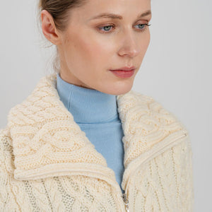 Women's Aran Knit Zip Cardigan, White Studio Creative Irish Gifts