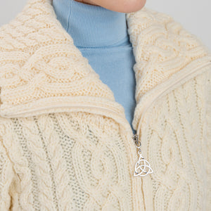 Women's Aran Knit Zip Cardigan, Natural - Creative Irish Gifts Close Up