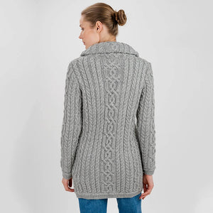 ML114-103 Women's Chunky Collar Aran Zip Cardigan, Grey Back View Creative Irish Gifts
