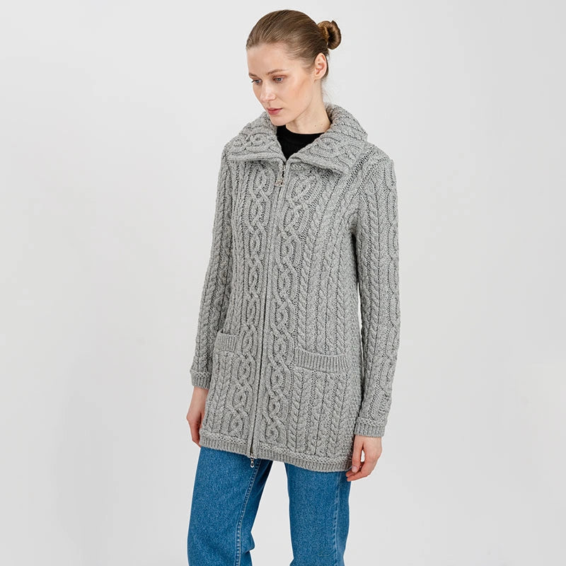 ML114-103 Women's Chunky Collar Aran Zip Cardigan, Grey Creative Irish Gifts
