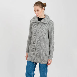 ML114-103 Women's Chunky Collar Aran Zip Cardigan, Grey Creative Irish Gifts
