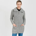 Women's Aran Knit Zip Cardigan, Grey Front View Creative Irish Gifts