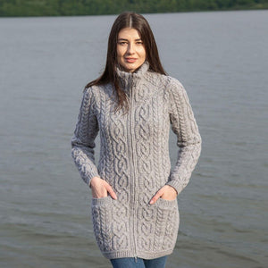 Women's Aran Knit Zip Cardigan, Grey  Lifestyle Creative Irish Gifts
