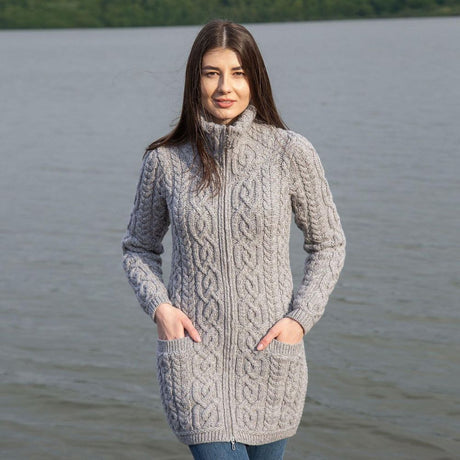 Women's Aran Knit Zip Cardigan, Grey  Lifestyle Creative Irish Gifts