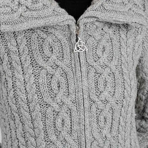 ML114-103 Women's Chunky Collar Aran Zip Cardigan, Grey Close Up Creative Irish Gifts
