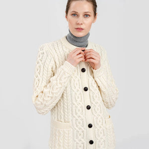 ML115-100 Ladies Merino Wool Chunky Cable Irish Cardigan, Natural Creative Irish Gifts
