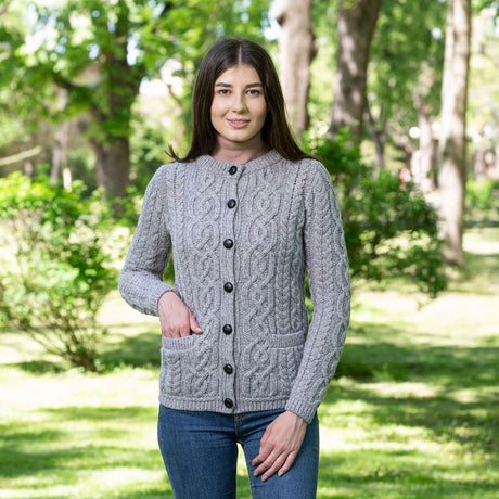 Women's Aran Knit Button Cardigan, Grey Creative Irish Gifts