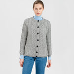 Women's Aran Knit Button Cardigan, Grey Front View Creative Irish Gifts