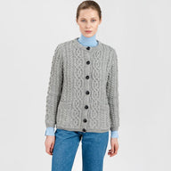 Women's Aran Knit Button Cardigan, Grey Front View Creative Irish Gifts