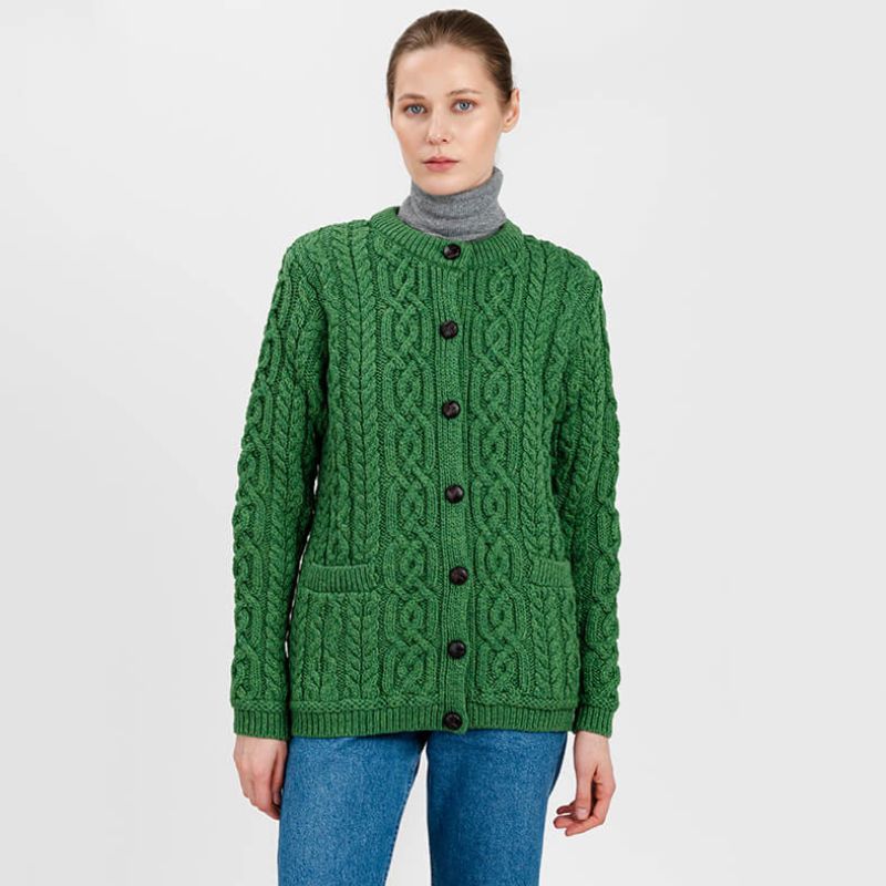 Women's Aran Knit Button Cardigan, Green Front View Creative Irish Gifts