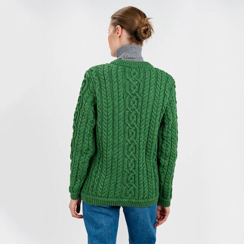 Women's Aran Knit Button Cardigan, Green Back View Creative Irish Gifts