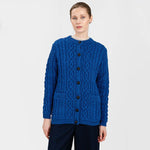 Women's Aran Knit Button Cardigan, Blue Front View Creative Irish Gifts