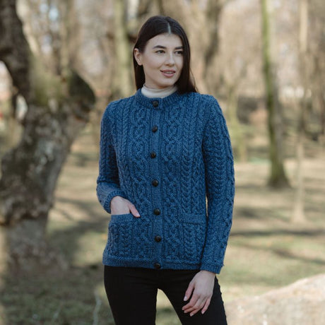 Women's Aran Knit Button Cardigan, Blue Creative Irish Gifts