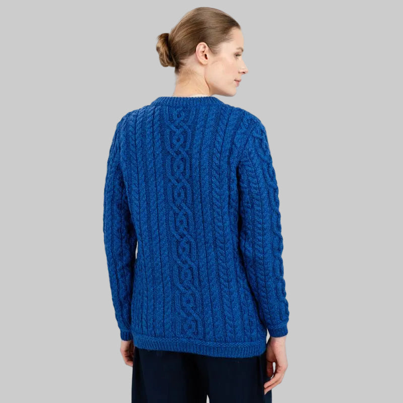 Women's Aran Knit Button Cardigan, Blue Back View Creative Irish Gifts