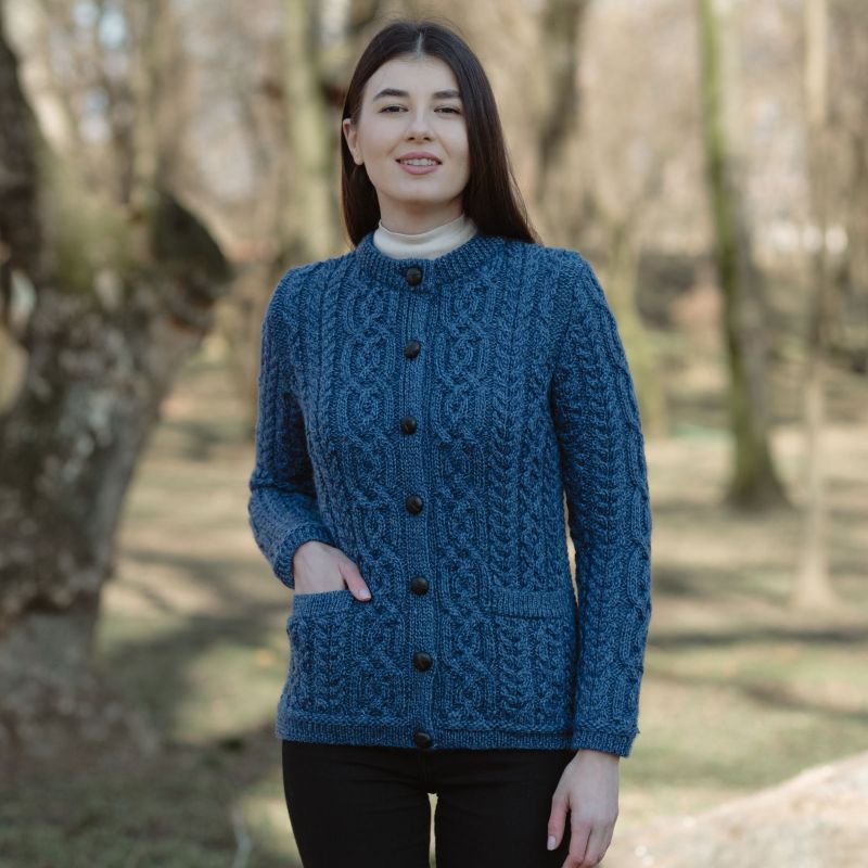 Women's Aran Knit Button Cardigan, Blue Lifestyle Creative Irish Gifts