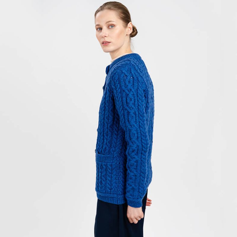 Women's Aran Knit Button Cardigan, Blue Side View Creative Irish Gifts