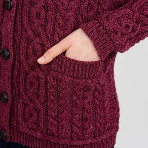 ML115-112 Ladies Merino Wool Chunky Cable Irish Cardigan, Velvet Close Up Red Creative Irish Gifts
