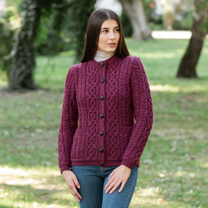 Women's Aran Knit Button Cardigan, Red Lifestyle Creative Irish Gifts