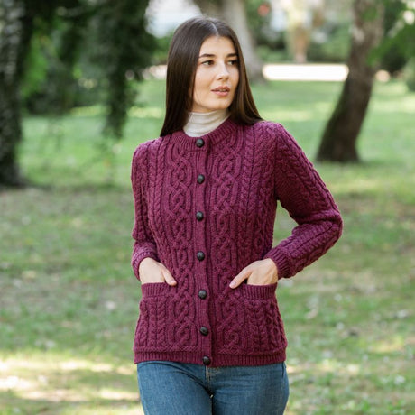 Women's Aran Knit Button Cardigan, Red Creative Irish Gifts
