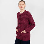 Women's Aran Knit Button Cardigan, Red Side View Creative Irish Gifts