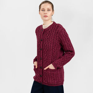 Women's Aran Knit Button Cardigan, Red Side View Creative Irish Gifts