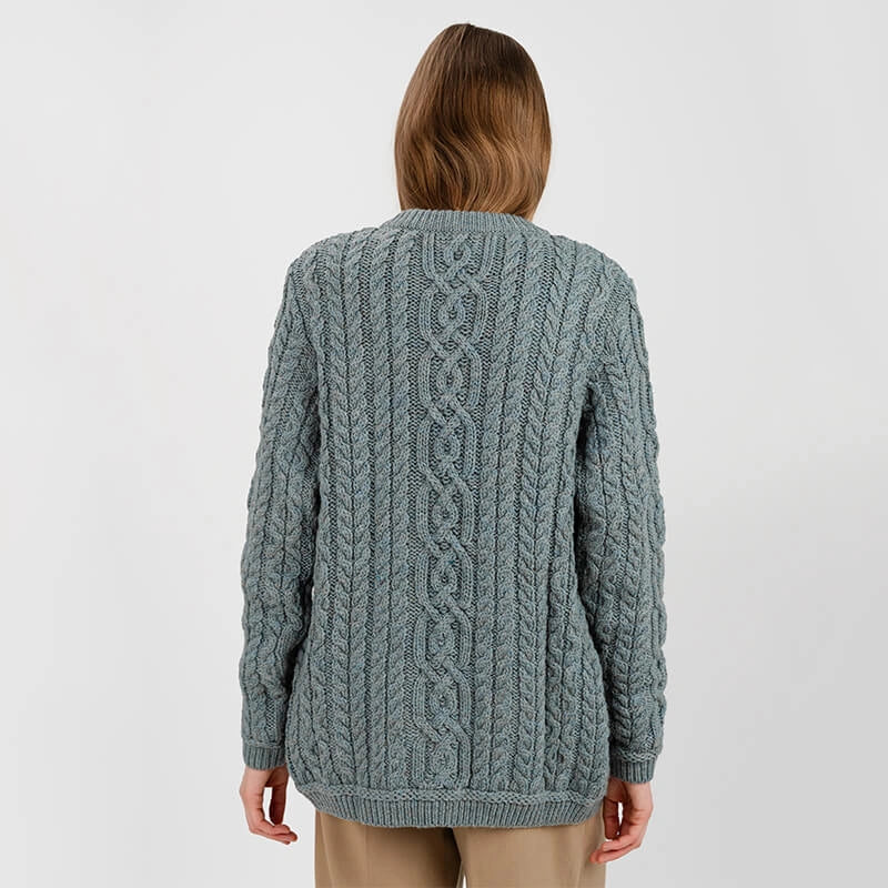 ML115-113 Ladies Merino Wool Chunky Cable Irish Cardigan, Skylight Back View Creative Irish Gifts

