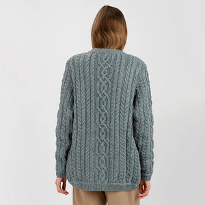 ML115-113 Ladies Merino Wool Chunky Cable Irish Cardigan, Skylight Back View Creative Irish Gifts
