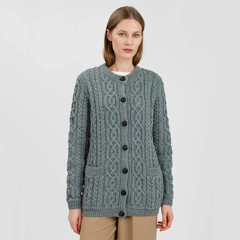 ML115-113 Ladies Merino Wool Chunky Cable Irish Cardigan, Skylight Creative Irish Gifts
