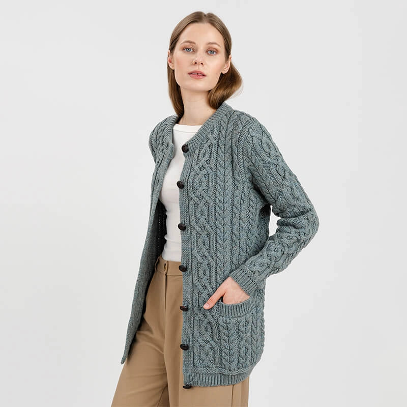 ML115-113 Ladies Merino Wool Chunky Cable Irish Cardigan, Skylight Opened Creative Irish Gifts
