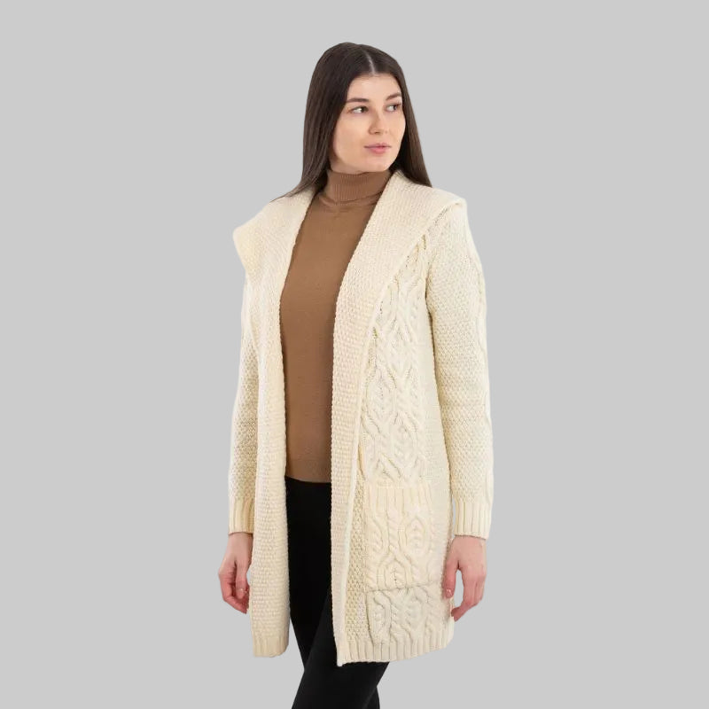 Women's Aran Knit Hooded Long Cardigan, White Front View Creative Irish Gifts