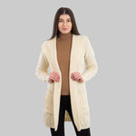 Women's Aran Knit Hooded Long Cardigan, White  Creative Irish Gifts