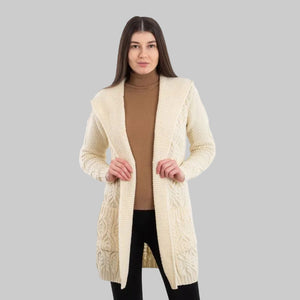 Women's Aran Knit Hooded Long Cardigan, White  Creative Irish Gifts
