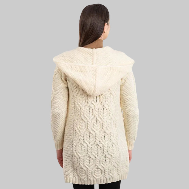 Women's Aran Knit Hooded Long Cardigan, White back view Creative Irish Gifts