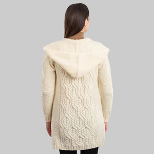 Women's Aran Knit Hooded Long Cardigan, White back view Creative Irish Gifts
