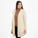 Women's Aran Knit Hooded Long Cardigan, White Front View Creative Irish Gifts