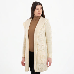 Women's Aran Knit Hooded Long Cardigan, White Front View Creative Irish Gifts