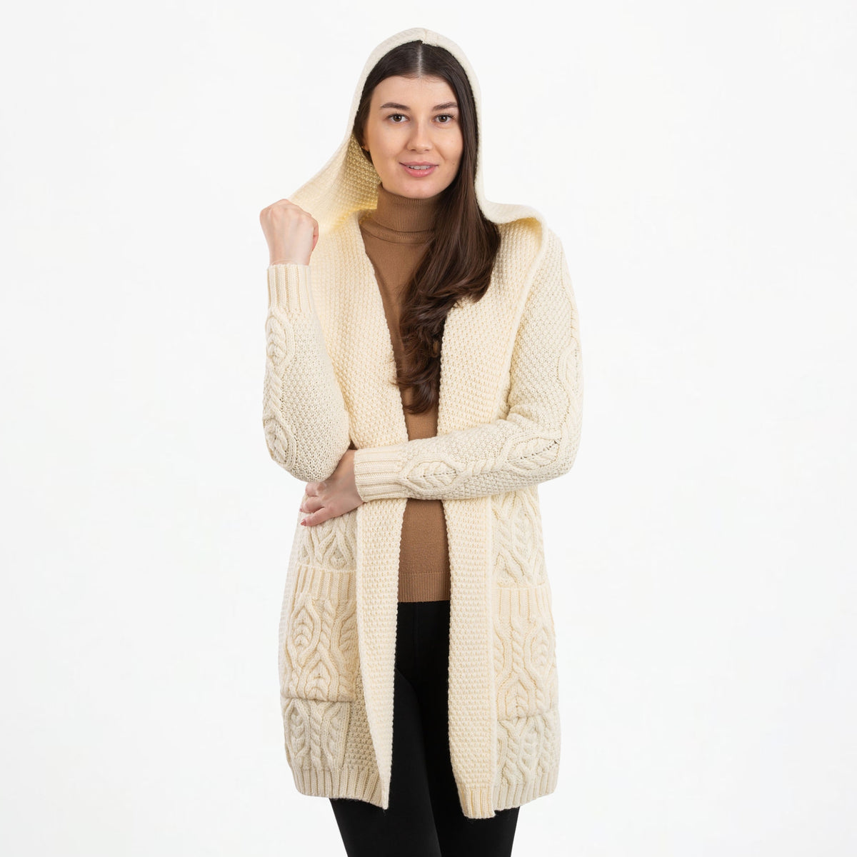 Women's Aran Knit Hooded Long Cardigan, White Front View Creative Irish Gifts