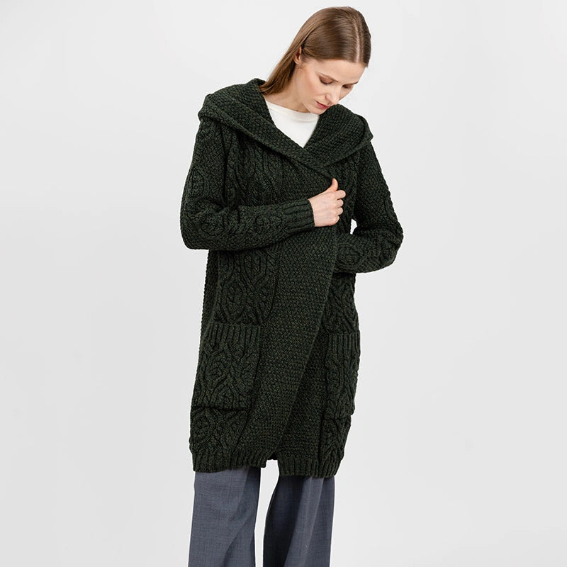 ML116-102 Women's Hooded Long Aran Cardigan, Army Green Creative Irish Gifts
