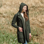 Women's Aran Knit Hooded Long Cardigan, Green Lifestyle side Creative Irish Gifts