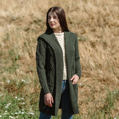 Women's Aran Knit Hooded Long Cardigan, Green Lifestyle Creative Irish Gifts