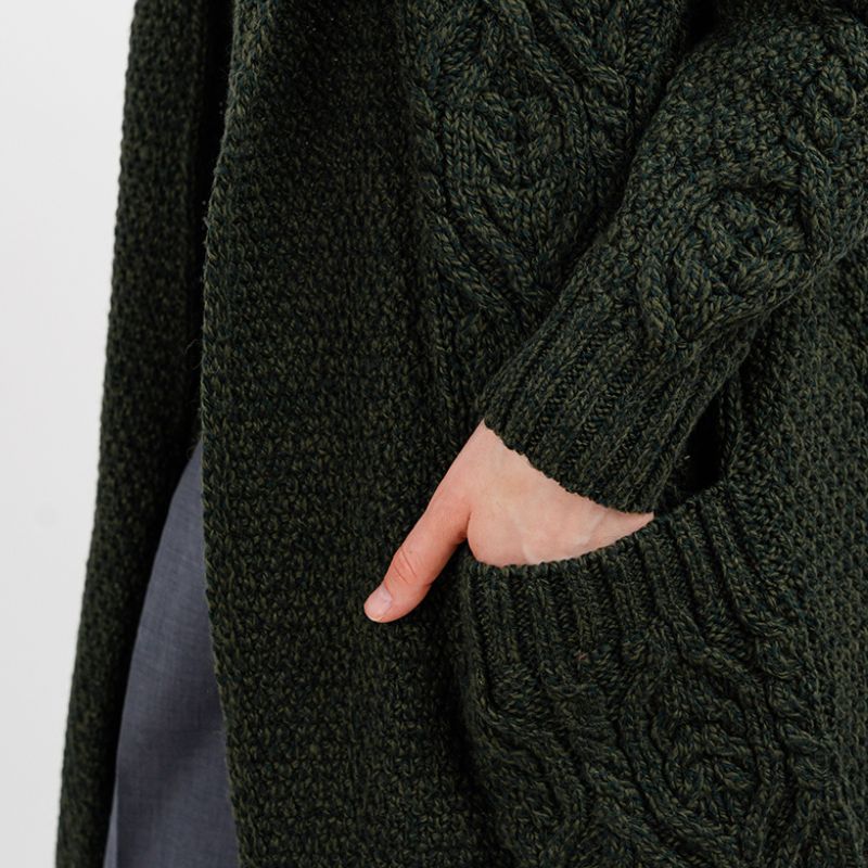 Women's Aran Knit Hooded Long Cardigan, Green Creative Irish Gifts