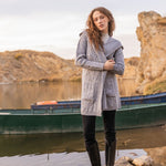 Women's Aran Knit Hooded Long Cardigan, Grey Front View Creative Irish Gifts