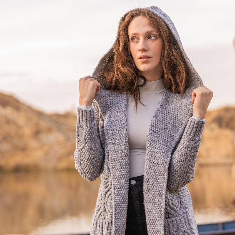 Women's Aran Knit Hooded Long Cardigan, Grey Creative Irish Gifts