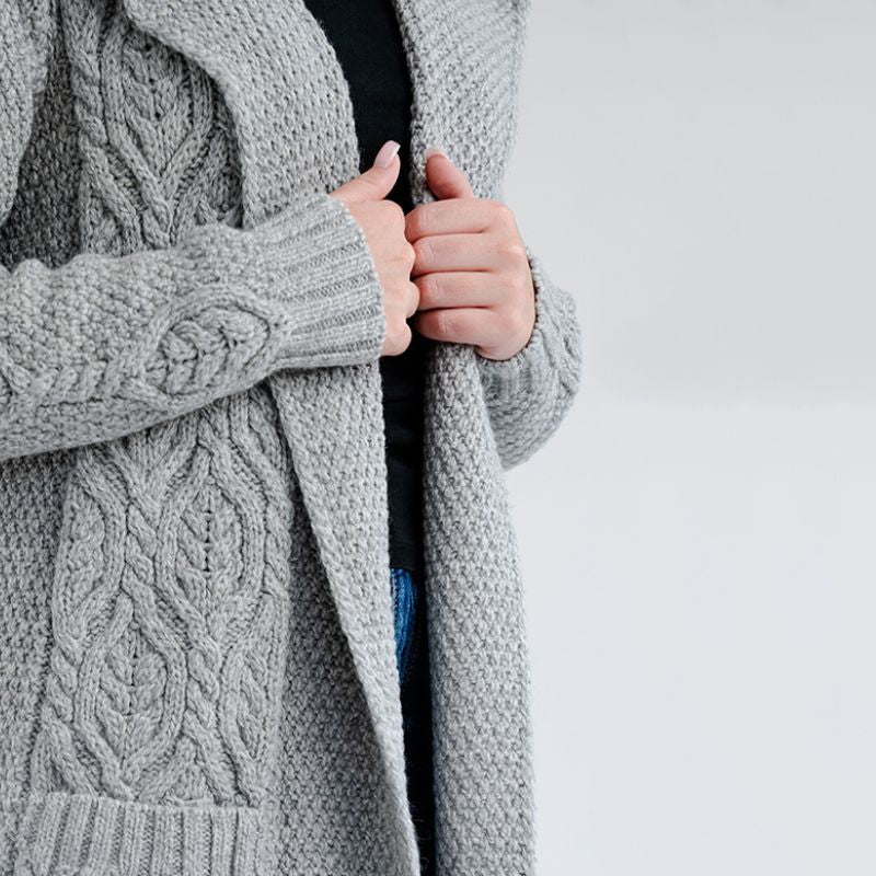 Women's Aran Knit Hooded Long Cardigan, Grey side view Creative Irish Gifts