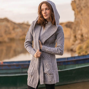 Women's Aran Knit Hooded Long Cardigan, Grey Lifestyle Creative Irish Gifts